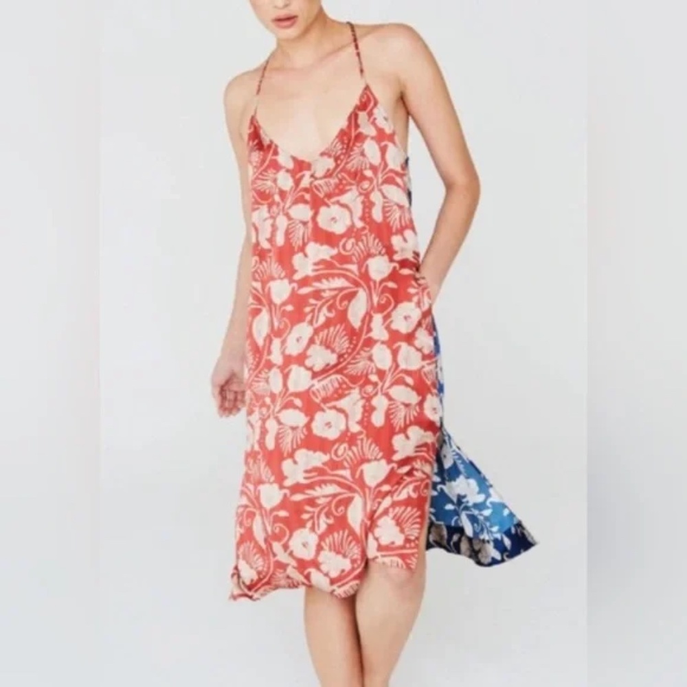 La Boheme Nova  Silk Camisole Dress Deco Floral Mix Blue/Red Print NWT